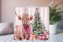 Pink Christmas Tumbler Wrap, Baby Highland Cow Sublimation Product Image 1
