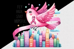 Pink bird ribbon breast cancer awareness Fly High Stay Hopeful quote print 20 oz tumbler skinny mug wrap clipart t-shirt sublimation printable design
