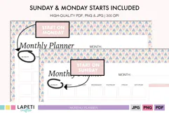 Printable monthly planner supplied in A4 and US Letter sizes