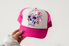 Retro spooky PNG featuring one complete disco skull design with glossy tiled texture, dark shadowed eyes, bright highlights, and colorful party-style details.