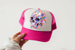 Retro spooky PNG featuring one complete disco skull design with glossy tiled texture, dark shadowed eyes, bright highlights, and colorful party-style details.