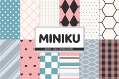 Collection of pink and blue digital scrapbook papers with coordinating patterns.