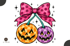 Pink Bow Pumpkin Cherries PNG, Cute Halloween Sublimation Product Image 1