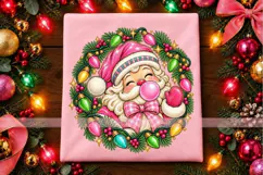 Pink Bubblegum Santa PNG with Christmas Light Wreath Product Image 1