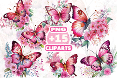 Pink Butterfly with Flowers Sublimation PNG | Floral Butterf Product Image 1