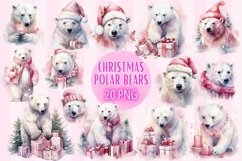 ClipArt Pink Christmas Watercolor Polar Bears - 20 PNG Product Image 1