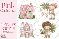 Pink Christmas Town Clipart PNG, Pastel Winter Clip Art Product Image 1