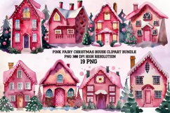 Pink Christmas House Watercolor Clipart PNG Product Image 1