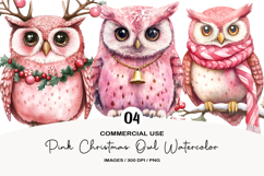 Pink Christmas Owl Watercolor Clipart Product Image 1