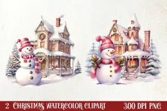 Pink Christmas Snowman Clipart, Christmas PNG Product Image 1