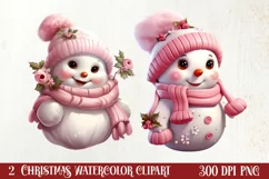 Pink Christmas Snowman Clipart, Christmas PNG Product Image 1