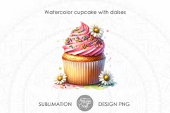 Watercolor pink cupcake with daisies and colorful sprinkles 