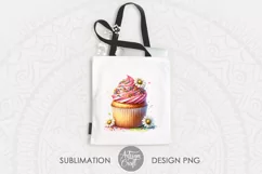 Watercolor pink cupcake with daisies and colorful sprinkles 