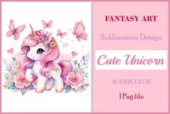 Watercolor illustration hand drawn clip art cute pink unicorn. Bright and colorful colors perfect for greeting card, birthday, baby shower, print, mug design and more. Pastel сolorful clipart, high resolution. Well for printing and sublimation 