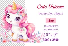 Watercolor illustration hand drawn clip art cute pink unicorn. Pastel сolorful clipart, high resolution. Perfect for printing and sublimation 