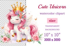 Watercolor illustration hand drawn clip art cute pink unicorn. Pastel сolorful clipart, high resolution. Perfect for printing and sublimation 
