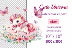 Watercolor illustration hand drawn clip art cute pink unicorn. Bright and colorful colors perfect for greeting card, birthday, baby shower, print, mug design and more. Pastel сolorful clipart, high resolution. Well for printing and sublimation 