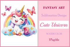 Watercolor illustration hand drawn clip art cute pink unicorn. Bright and colorful colors perfect for greeting card, birthday, baby shower, print, mug design and more. Pastel сolorful clipart, high resolution. Well for printing and sublimation 