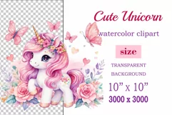 Watercolor illustration hand drawn clip art cute pink unicorn. Bright and colorful colors perfect for greeting card, birthday, baby shower, print, mug design and more. Pastel сolorful clipart, high resolution. Well for printing and sublimation 