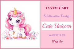 Watercolor illustration hand drawn clip art cute pink unicorn. Pastel сolorful clipart, high resolution. Perfect for printing and sublimation 