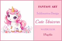 Watercolor illustration hand drawn clip art cute pink unicorn. Pastel сolorful clipart, high resolution. Perfect for printing and sublimation 