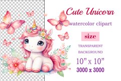 Watercolor illustration hand drawn clip art cute pink unicorn. Bright and colorful colors perfect for greeting card, birthday, baby shower, print, mug design and more. Pastel сolorful clipart, high resolution. Well for printing and sublimation 