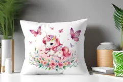 Watercolor illustration hand drawn clip art cute pink unicorn. Bright and colorful colors perfect for greeting card, birthday, baby shower, print, mug design and more. Pastel сolorful clipart, high resolution. Well for printing and sublimation 