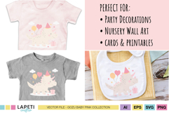 Pink dinosaur birthday clipart displayed on T-shirts and baby bib, ideal for party invitations and decorations.