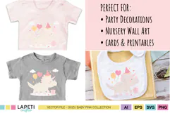 Pink dinosaur birthday clipart displayed on T-shirts and baby bib, ideal for party invitations and decorations.