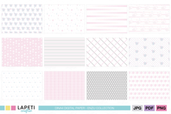 Preview image of 12 pink and grey digital papers with baby girl theme. Includes elephants, stars, stripes, plaids, hearts, polka dots, and triangle patterns, perfect for baby shower crafts, scrapbooking, and nursery projects.