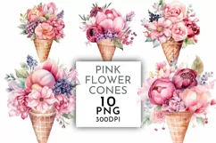 Pink Flower ice Cream Cones | Watercolour Clipart PNG Product Image 1