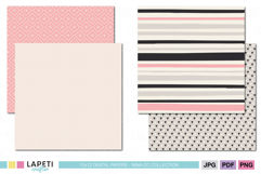Pink geometric pattern and neutral stripe paper in beige, black and blush tones for modern and minimal crafts.