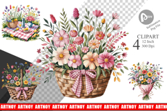 Pink Gingham Summer Florals Clipart Product Image 1