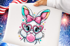 Pink Glitter Easter Bunny Coquette Png, Bunny blowing bubble Product Image 1