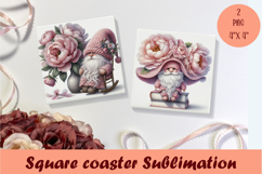 Cute pink peonies gnome Square Coaster Sublimation Design Product Image 1