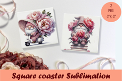 Cute pink peonies gnome Square Coaster Sublimation Design Product Image 1