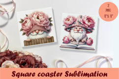 Cute pink peonies gnome Square Coaster Sublimation Design Product Image 1
