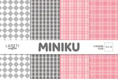 Four pink and gray plaid digital papers from the Miniku Collection