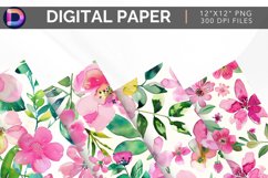 Pink &amp; Green Watercolor Flowers Digital Paper Product Image 1