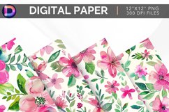 Pink &amp; Green Watercolor Flowers Digital Paper Product Image 1