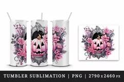 Pink Halloween floral pumpkin carving flowers roses frame Jack-o-lantern 20 oz tumbler skinny mug wrap clipart t-shirt sublimation printable design