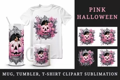Pink Halloween floral pumpkin carving flowers roses frame Jack-o-lantern 20 oz tumbler skinny mug wrap clipart t-shirt sublimation printable design