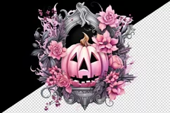 Pink Halloween floral pumpkin carving flowers roses frame Jack-o-lantern 20 oz tumbler skinny mug wrap clipart t-shirt sublimation printable design