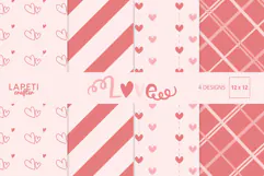 Four pink digital papers with heart, stripe and plaid patterns