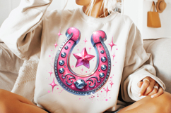 pink horseshoe with star png, western horseshoe clipart sublimation, girly cowgirl png design, rustic pink horseshoe png file, trendy western sublimation design, rodeo horseshoe star png, cowgirl lucky horseshoe clipart, country girl star png art, pink ho