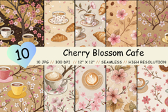 cherry blossom cafe, vintage coffee pattern, Parisian kitchen design, shabby chic background, bakery decor paper, floral border journal, tea time motif, fruit cafe seamless, watercolor cherry print, distressed blossom paper