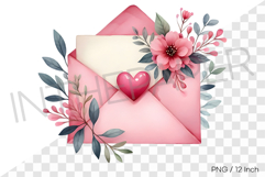 Pink envelope with rose petals and heart popping out PNG art Product Image 1