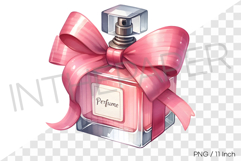 Pink perfume bottle with a large ribbon deco PNG clipart Product Image 1