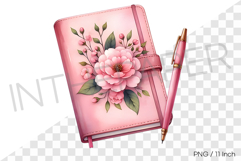 Floral leather diary &amp; pink pen PNG part accessory watercolo Product Image 1