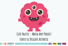 Pink round monster with three eyes and a cute smile, kawaii-style illustration with transparent background.
